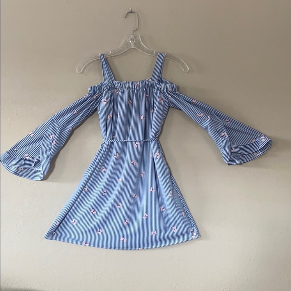 white and blue dress w: pink butterflies